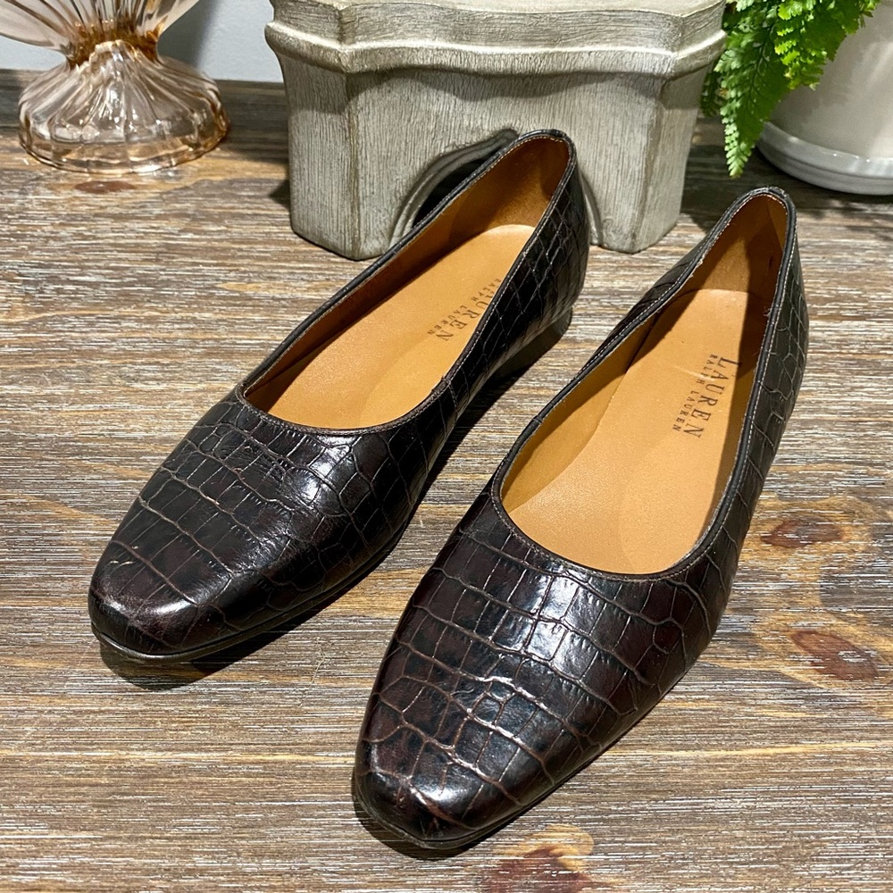 LAUREN Ralph Lauren Crocodile Alligator Print Ballet Flats Shoes 5.5 B Brown